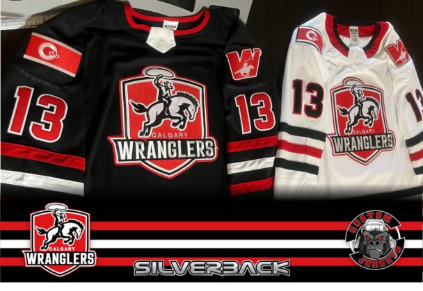 Calgary Wrangler custom hockey jerseys, Full custom pro twill embroidery numbers and press
